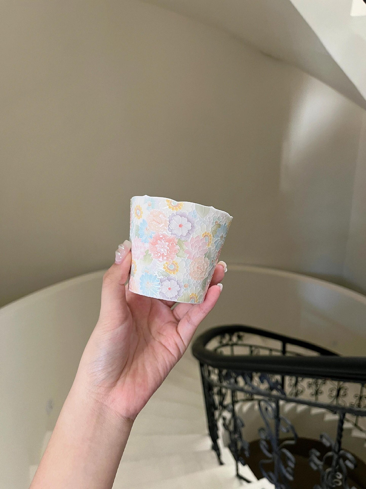 Colorful Floral Carved Porcelain Coffee Cup