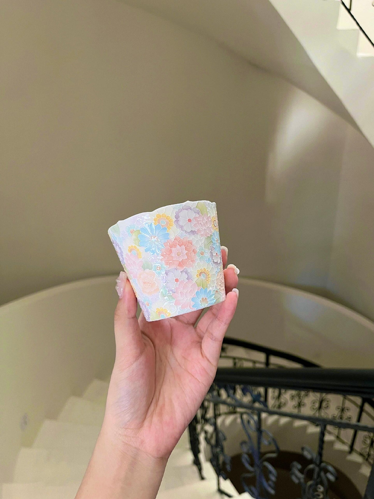 Colorful Floral Carved Porcelain Coffee Cup